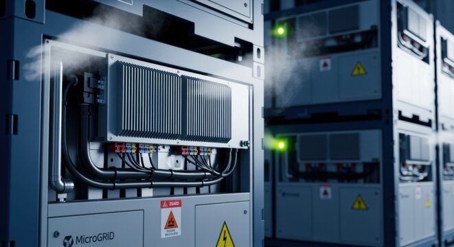 Stacked microgrid battery containers with visible cooling systems and wiring connections highlighting thermal management techniques.