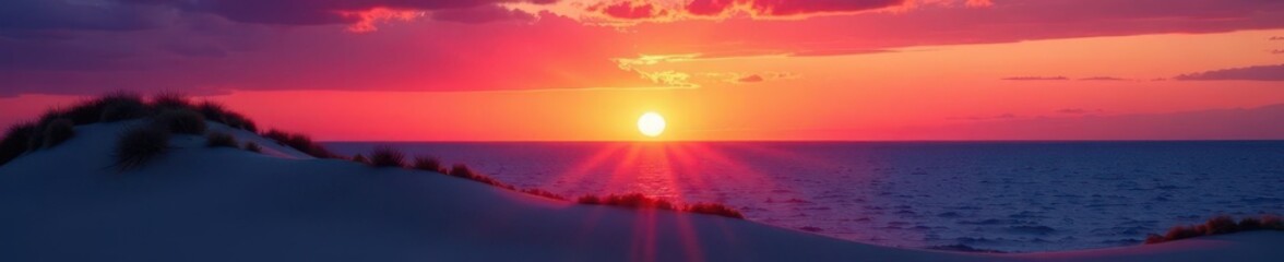 Sunset, vibrant sky, tranquil sea, silhouette of dunes, coastal, triptych