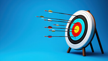 A colorful archery target stands on a tripod against a blue backdrop, several arrows clustered near the bullseye while a few miss slightly, symbolizing focus, accuracy, and practice.