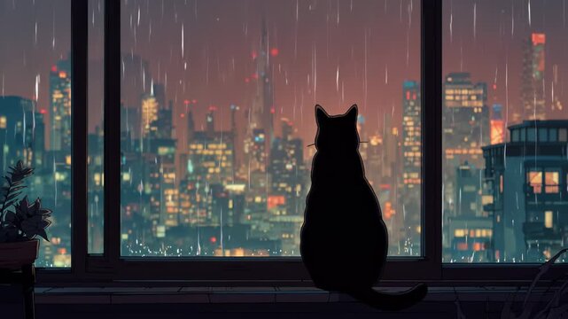 Looping video background of a black cat sitting on a windowsill looking out over the city at night while it rains. The cat appears to be observing the city, and the scene conveys a sense of peace.