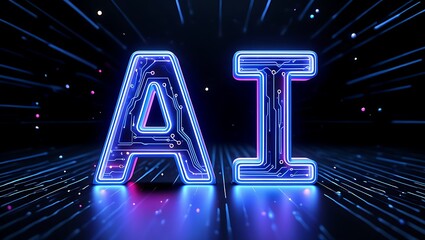Futuristic glowing blue neon ai text illuminated against a dark digital background with circuit board patterns and light streaks representing artificial intelligence and technology