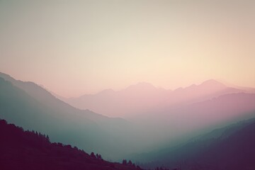 Obraz premium A serene landscape featuring layered mountains under a soft pastel sky. The scene captures the tranquility of nature at dusk.