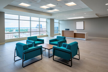 Bright, modern lobby with floor‑to‑ceiling windows, a white reception desk with wood accent, and four teal lounge chairs around a low table, flooded with daylight and city views.