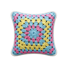 Cozy handmade granny square crochet pillow in pastel colors on a deep black background