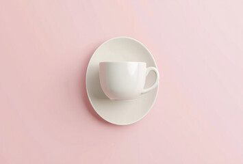 Minimalist white coffee cup and saucer on a soft pink background