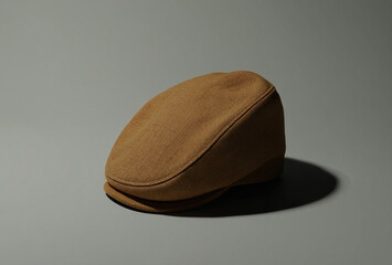 Classic brown flat cap hat with shadow on gray background