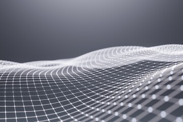 Naklejka premium 3D illustration of a wavy digital grid with glowing nodes.