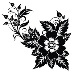 Detailed Black Flower and Vine Design, Ornate Floral Vector Illustration Element
