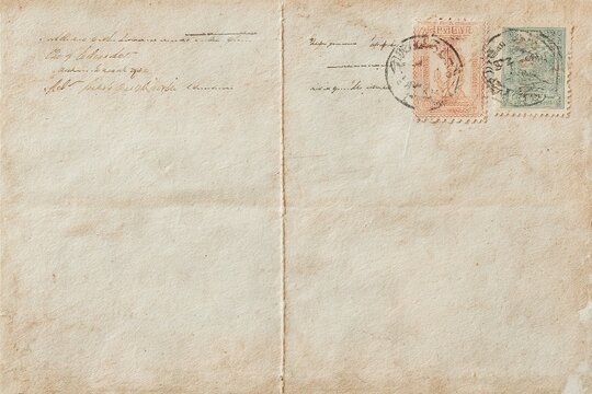 Vintage blank postcard with two old postage stamps. The postcard has a faded appearance and is suitable for nostalgic themes or historical contexts.