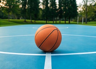 A basketball sits on a blue outdoor court with white lines, surrounded by green trees, inviting a game of sport and recreation in the summer sun, ready for play and exercise