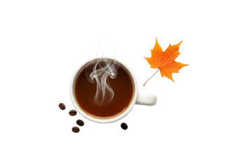A steaming cup of coffee, accompanied by an autumn leaf, sits against a stark black backdrop, evoking a cozy autumnal atmosphere.