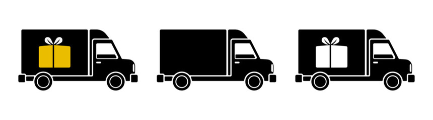 set of three black icons of delivery trucks or vans without background.