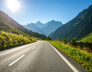 Naklejka premium Mountain road stretches into a valley bathed in sunlight