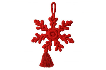 Christmas decoration with red macrame snowflake and tassel on transparent background, perfect for holiday projects