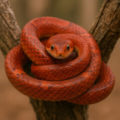 Naklejka premium Close-up of a coiled red snake perched on a tree branch, with captivating gaze and detail