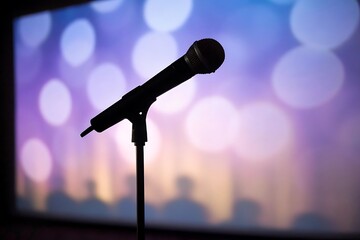 Obraz premium A microphone stands on stage against a blurred backdrop, symbolizing music, performance, and public speaking, capturing the essence of live events and vocal artistry