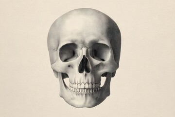 Obraz premium A detailed illustration of a human skull, showcasing its anatomical features and structure. The skull is centered on a light background.