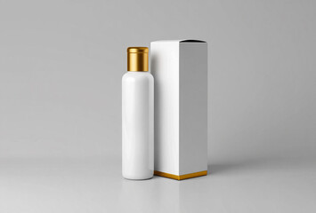 Minimalist white bottle with gold cap and matching box on a light gray background