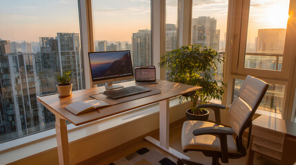 Fototapeta premium Modern and Ergonomic Home Office Setup at Golden Hour
