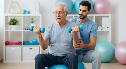 Senior man doing physiotherapy exercises with a therapist using light dumbbells assisted exercises healthcare wellbeing health fitness elderly old age muscle strength training rehabilitation recovery