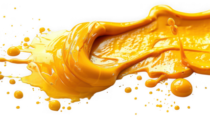 A vibrant yelloworange liquid splash with droplets, isolated on a transparent background