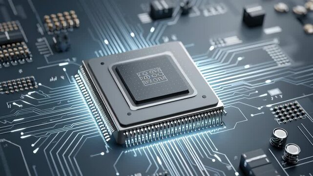 Close up of microprocessor circuit board showcasing electronic components, digital hardware, and advanced technology in electronic circuit design