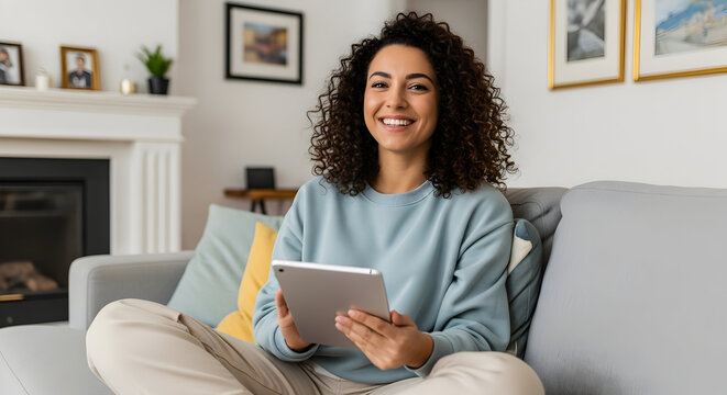 Happy woman relaxing at home using tablet smiling at camera comfortable cozy living room interior design