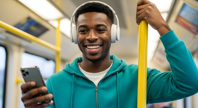 Smiling young man commuting on public transport listening to music using smartphone and headphones happy urban lifestyle