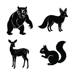 bear, squirrel, fox ,deer linocut style animal set silhouette vector illustration on white background