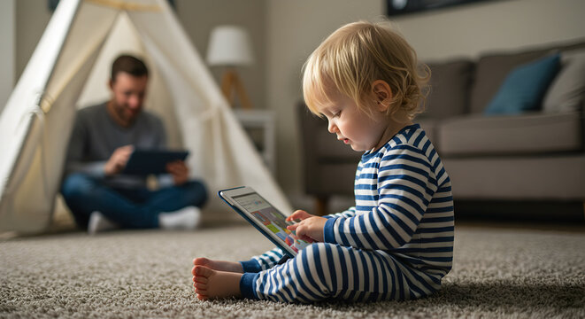 Toddler playing tablet game while dad works from home family time technology digital device child development parenting home life modern family happy family - Powered by Adobe