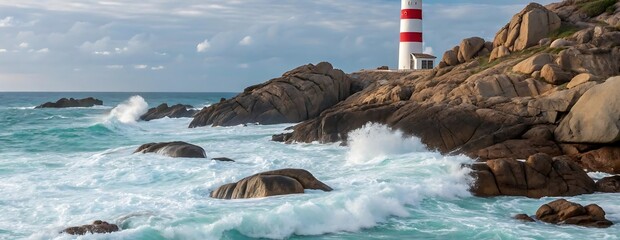 A red and white lighthouse on a rocky coastline with crashing waves and blue ocean