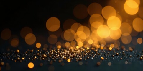 Shimmering gold glitter, bokeh lights, black backdrop, black background, light effect, shimmer
