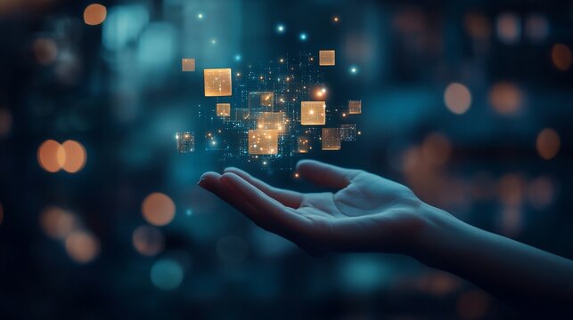 Human hand presenting glowing digital data blocks against blurred city lights background