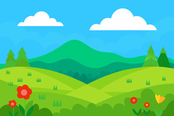 Fototapeta premium Vibrant cartoon landscape with rolling green hills trees flowers and clouds