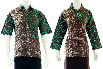 Batik couple outfit with a blouse cut for women and short sleeve shirts for men.