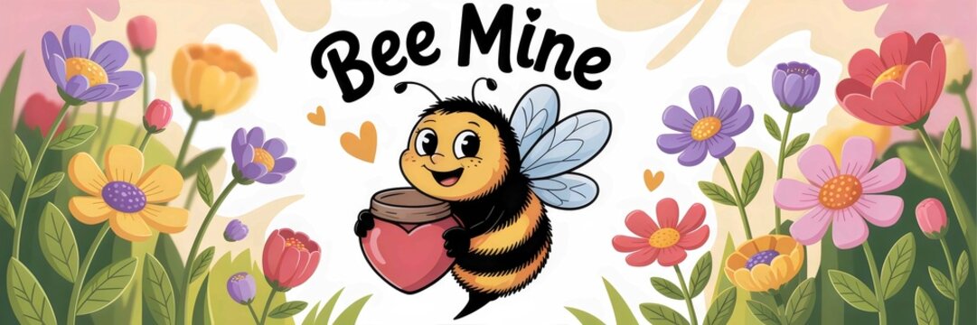 Bee mine valentine cute honey bee with flowers cartoon illustration valentine's day card design