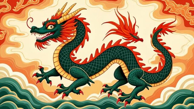 Illustration of a dark green and orange chinese dragon with horns and claws on a background