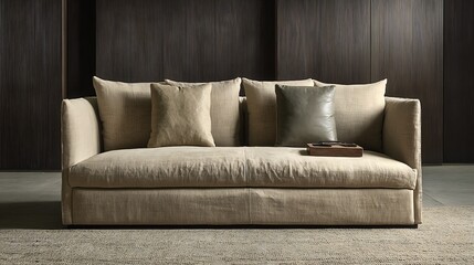 Naklejka premium Minimalist Beige Sofa with Pillows in Isolated Living - Room Space for Copy - Space Design