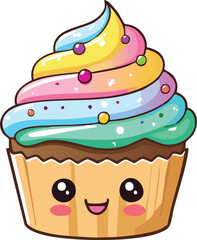 Cute Smiling Cupcake with Colorful Frosting and Kawaii Eyes