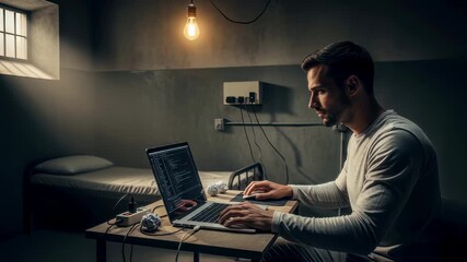 A concept image illustrating a talented software engineer working remotely from a prison cell symbolizing technology skills and innovation emerging from unexpected places.