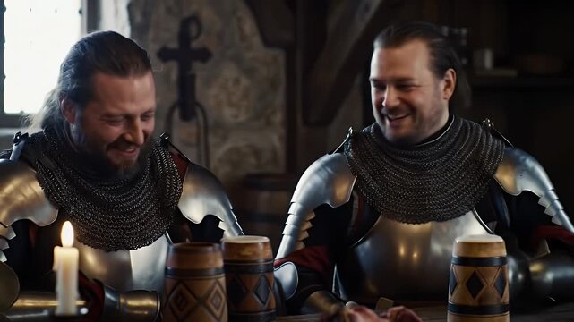 Two Armored Knights Laughing Together in a Dimly Lit Rustic Medieval Tavern Featuring Stone Walls and Wooden Mugs Filled with Ale in Eye Level Angle Perfect for Historical Reenactment or Medieval