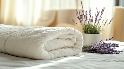 Weighted blanket folded on a bed with lavender sahet nearby