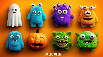 Colorful Monster Characters and Halloween Pumpkin on Vibrant Background for Festive Design