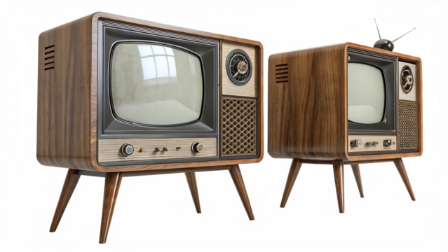 Two vintage wooden televisions with antennas with colorful glitch effect retro isolated on a transparent background