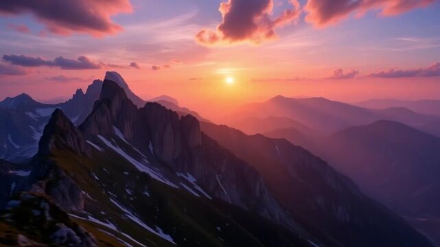 A scenic view of rugged mountains with snow patches at a vibrant sunset or sunrise