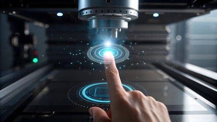 Futuristic technology interface being activated by human touch, unlocking advanced potential with precision control