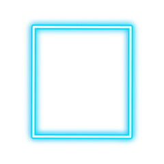 Bright blue neon glowing square frame on a white background, a modern graphic design element.