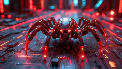 Futuristic robotic spider with glowing red eyes and legs walking on a circuit board with neon lights representing artificial intelligence and technology