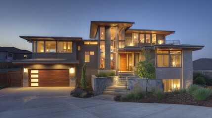 Contemporary suburban residence at dusk with glowing warm interior lights, modern architectural silhouette under twilight ambient lighting
