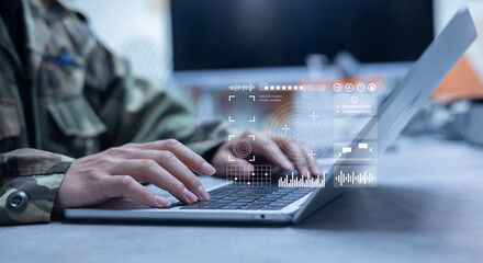 soldier man hand click on laptop to use program of radar and radio aviation for test system of...